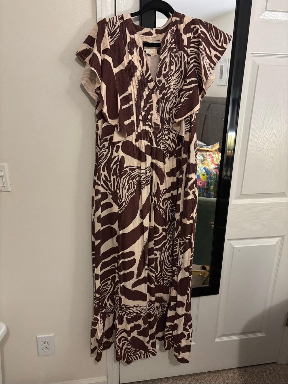 Anthropologie Brown and Cream Zebra-Print Flutter Sleeve Maxi Dress
